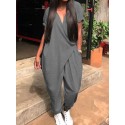Short Sleeve V-Neck Side Pockets Simple And Comfortable Jumpsuit