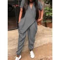 Short Sleeve V-Neck Side Pockets Simple And Comfortable Jumpsuit