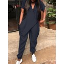 Short Sleeve V-Neck Side Pockets Simple And Comfortable Jumpsuit