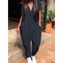 Short Sleeve V-Neck Side Pockets Simple And Comfortable Jumpsuit
