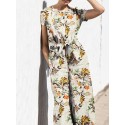 Plant Print Pocket Sash Round Neck Short Sleeve Cotton Jumpsuit