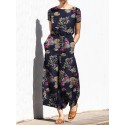 Plant Print Pocket Sash Round Neck Short Sleeve Cotton Jumpsuit