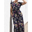Plant Print Pocket Sash Round Neck Short Sleeve Cotton Jumpsuit