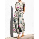 Plant Print Pocket Sash Round Neck Short Sleeve Cotton Jumpsuit
