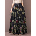 Women Vintage Floral Plant Print Drawstring Wide Leg Pants With Pocket