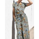 Plant Print Pocket Sash Round Neck Short Sleeve Jumpsuit