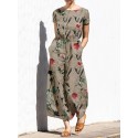 Plant Print Pocket Sash Round Neck Short Sleeve Jumpsuit