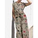 Plant Print Pocket Sash Round Neck Short Sleeve Jumpsuit
