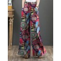 Women 100% Cotton Flared Wide-Leg Floral Printed Retro Side Pockets Pants