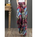 Women 100% Cotton Flared Wide-Leg Floral Printed Retro Side Pockets Pants