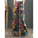 Women 100% Cotton Flared Wide-Leg Floral Printed Retro Side Pockets Pants
