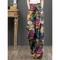 Women 100% Cotton Flared Wide-Leg Floral Printed Retro Side Pockets Pants