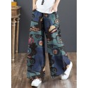 Women 100% Cotton Flared Wide-Leg Floral Printed Retro Side Pockets Pants