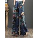 Women 100% Cotton Flared Wide-Leg Floral Printed Retro Side Pockets Pants