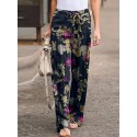 Women High Elastic Waist Floral Print Belted Side Pocket Vintage Pants