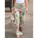 Women High Elastic Waist Floral Print Belted Side Pocket Vintage Pants