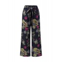 Women High Elastic Waist Floral Print Belted Side Pocket Vintage Pants