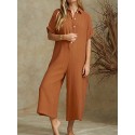 Women Solid Color V-neck Short Sleeve Cotton Jumpsuit Overalls For Women
