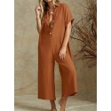Women Solid Color V-neck Short Sleeve Cotton Jumpsuit Overalls For Women