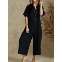 Women Solid Color V-neck Short Sleeve Cotton Jumpsuit Overalls For Women