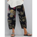 Retro Floral Print Elastic Waist Irregular Hem Pocket Casual Pants For Women