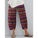 Retro Floral Print Elastic Waist Irregular Hem Pocket Casual Pants For Women