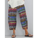 Retro Floral Print Elastic Waist Irregular Hem Pocket Casual Pants For Women
