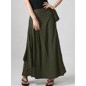 Solid Pocket Knotted Pleated Cotton Casual Skirt