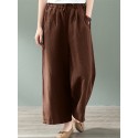 Women 100% Cotton Side Pockets Solid Color Elastic Waist Ankle Length Casual Pants