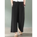 Women 100% Cotton Side Pockets Solid Color Elastic Waist Ankle Length Casual Pants