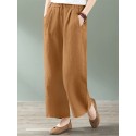 Women 100% Cotton Side Pockets Solid Color Elastic Waist Ankle Length Casual Pants