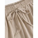 Women 100% Cotton Side Pockets Solid Color Elastic Waist Ankle Length Casual Pants