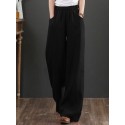 Women 100% Cotton Wide Legged Pleats Side Pocket Solid Casual Pants