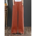 Women 100% Cotton Wide Legged Pleats Side Pocket Solid Casual Pants