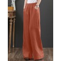 Women 100% Cotton Wide Legged Pleats Side Pocket Solid Casual Pants