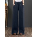 Women 100% Cotton Wide Legged Pleats Side Pocket Solid Casual Pants