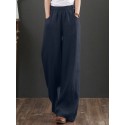 Women 100% Cotton Wide Legged Pleats Side Pocket Solid Casual Pants