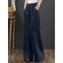 Women 100% Cotton Wide Legged Pleats Side Pocket Solid Casual Pants