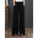 Women 100% Cotton Wide Legged Pleats Side Pocket Solid Casual Pants