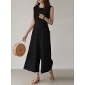 Solid Pocket Knotted Sleeveless Round Neck Casual Jumpsuit