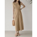 Solid Pocket Knotted Sleeveless Round Neck Casual Jumpsuit