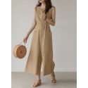 Solid Pocket Knotted Sleeveless Round Neck Casual Jumpsuit