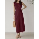 Solid Pocket Knotted Sleeveless Round Neck Casual Jumpsuit