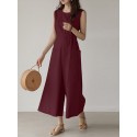 Solid Pocket Knotted Sleeveless Round Neck Casual Jumpsuit