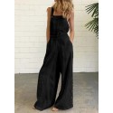 Women Cotton Solid Color Sleeveless Vintage Casual Wide-Leg Jumpsuit with Side Pockets
