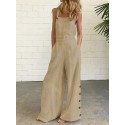Women Cotton Solid Color Sleeveless Vintage Casual Wide-Leg Jumpsuit with Side Pockets