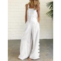 Women Cotton Solid Color Sleeveless Vintage Casual Wide-Leg Jumpsuit with Side Pockets