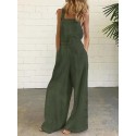Women Cotton Solid Color Sleeveless Vintage Casual Wide-Leg Jumpsuit with Side Pockets