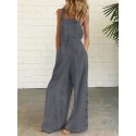 Women Cotton Solid Color Sleeveless Vintage Casual Wide-Leg Jumpsuit with Side Pockets