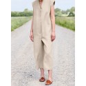 Solid Sash V Neck Pocket Sleeveless Casual Cotton Jumpsuit